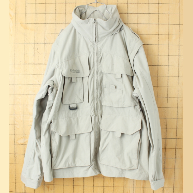 00s Columbia GRT ジップアップナイロンフィッシングジャケット ベスト ベージュ メンズL アウトドア アメリカ古着