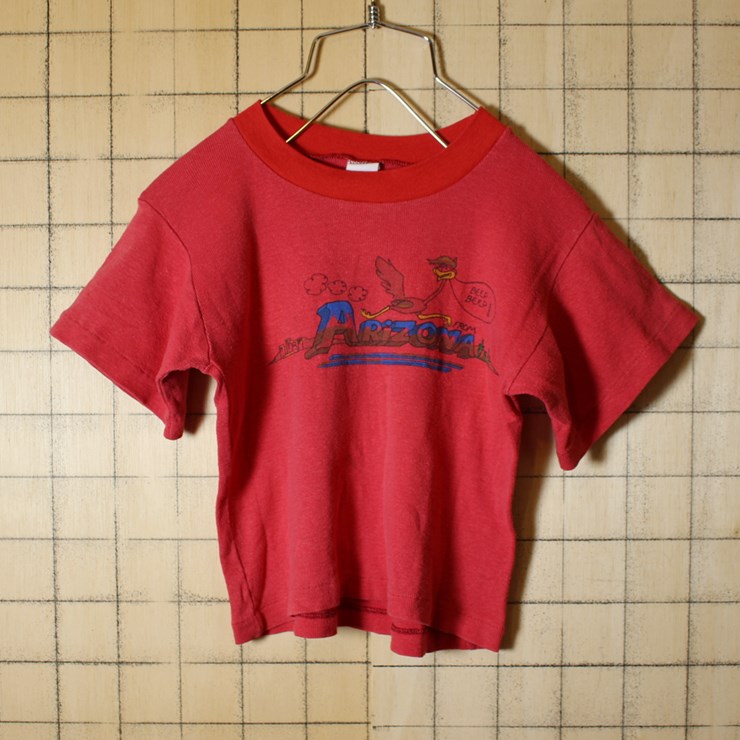 古着 USA製 ロードランナー プリント キッズ Tシャツ 半袖 レッド キッズ110相当 ARIZONA ROADRUNNER warner bros ワーナー 子供服