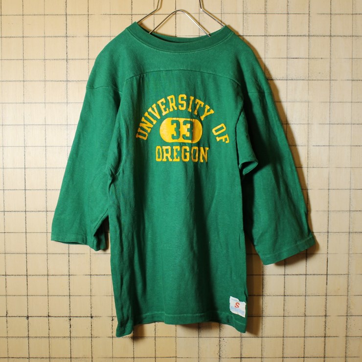 Champion チャンピオン バータグ USA製 70s 3段プリント 両面 フットボール Tシャツ グリーン 5分袖 メンズS 古着 カレッジ