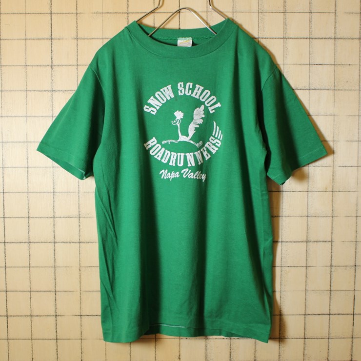 古着 70s USA製 ロードランナー プリント Tシャツ 半袖 グリーン メンズS SNOW SCHOOL ROADRUNNERS sportswear warner bros