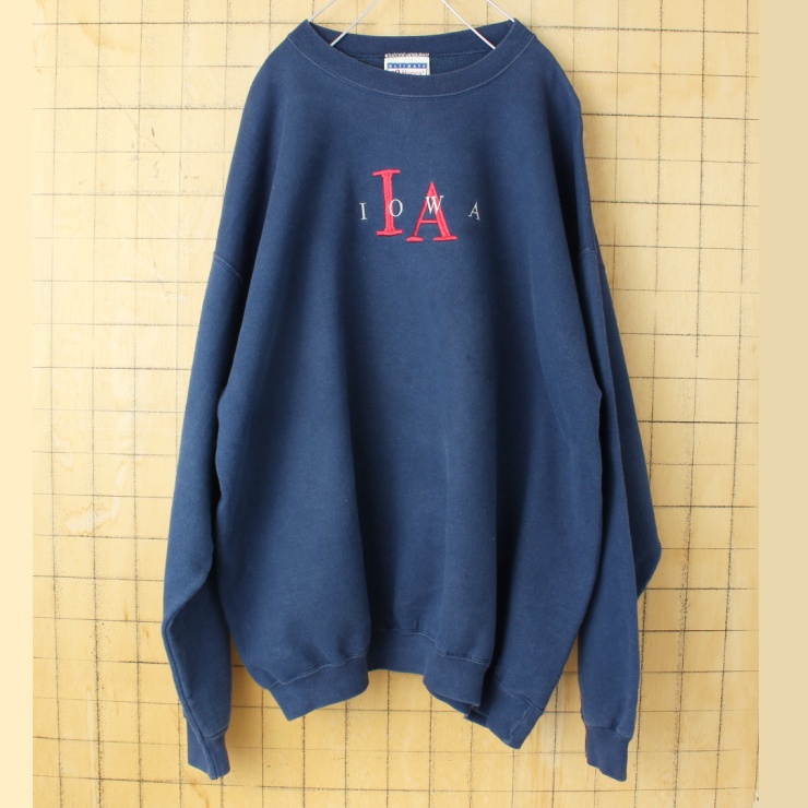 90s 00s USA Hanes ヘインズ IOWA スウェット ネイビー ブルー メンズXL 刺繍 アメリカ古着
