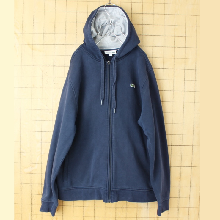 Lacoste SPORT フレンチラコステ ジップアップ スウェット パーカー ネイビー ブルー メンズXL フーディー ユーロ ヨーロッパ古着