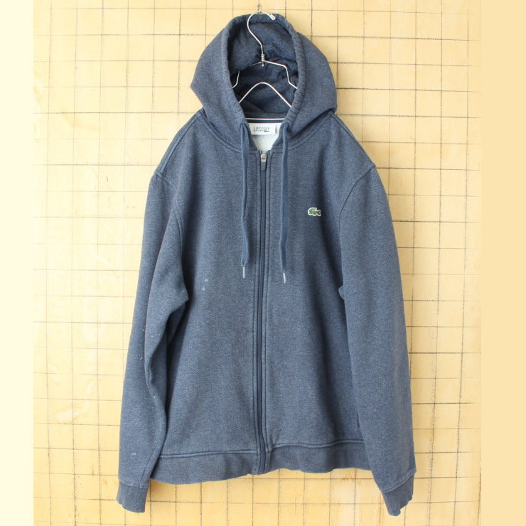 Lacoste SPORT フレンチラコステ ジップアップ スウェット パーカー ネイビー メンズXL フーディー ユーロ ヨーロッパ古着