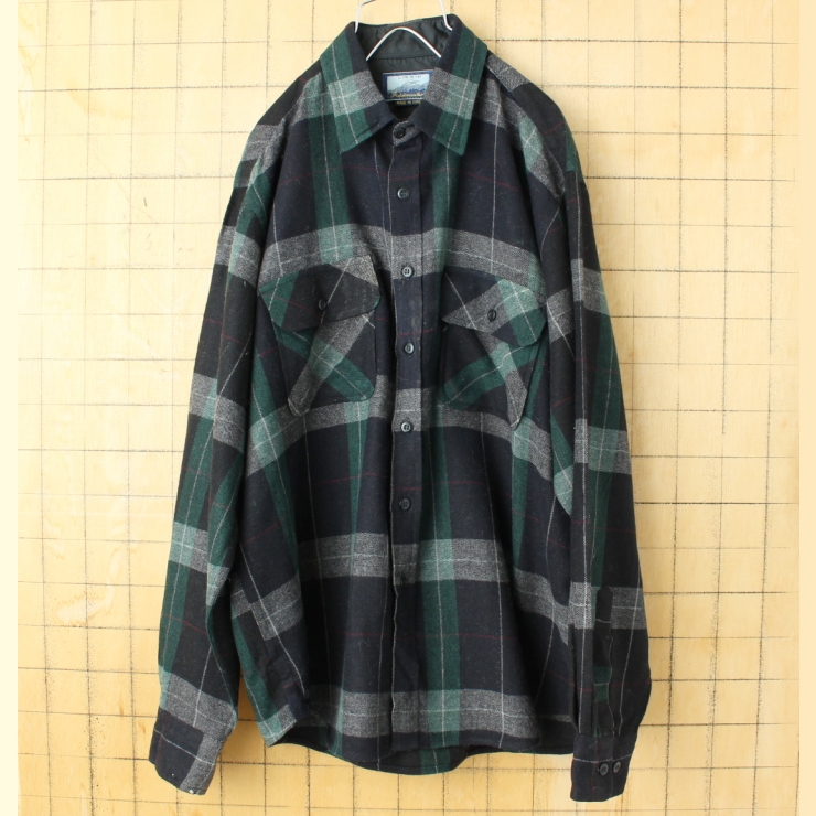 80s 90s USA Fieldmaster チェックウールシャツ ブラック グリーン 長袖 メンズL アメリカ古着