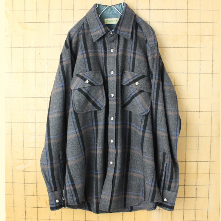 80s 90s USA ST JOHN'S BAY チェックウールシャツ グレー メンズL 長袖 アウトドア アメリカ古着