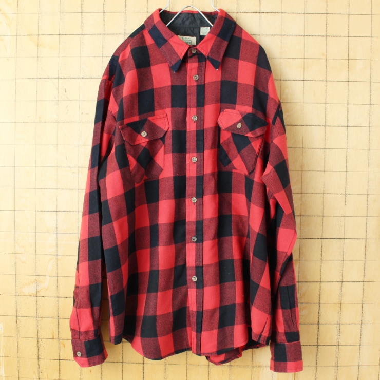 80s USA Sears チェックアクリルシャツ レッド ブラック メンズL 長袖 アウトドア アメリカ古着