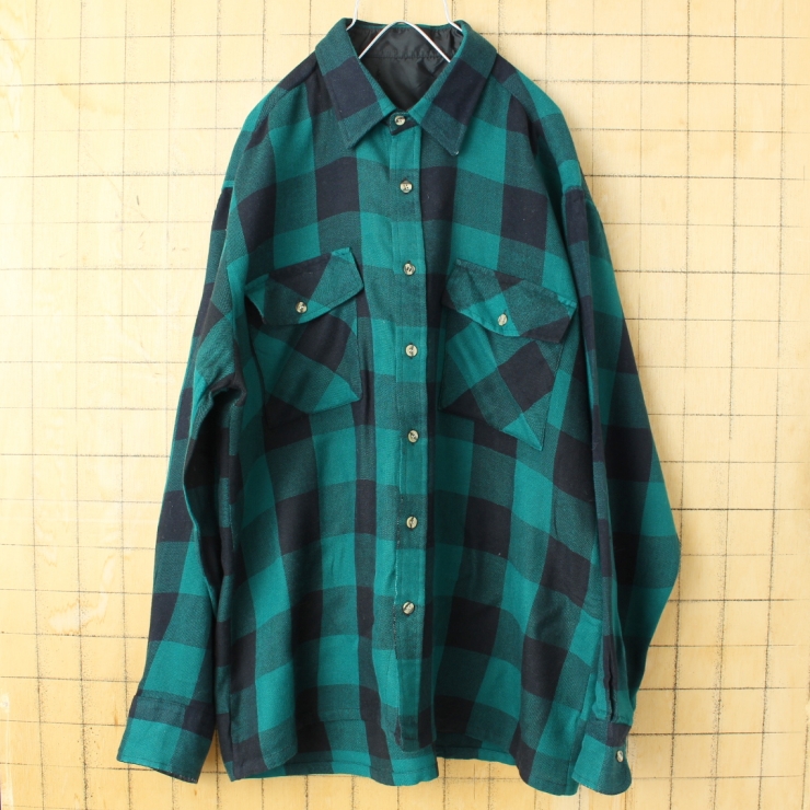 80s 90s USA ブロックチェックアクリルシャツ グリーン ブラック メンズL相当 長袖 ボックスシルエット アウトドア アメリカ古着