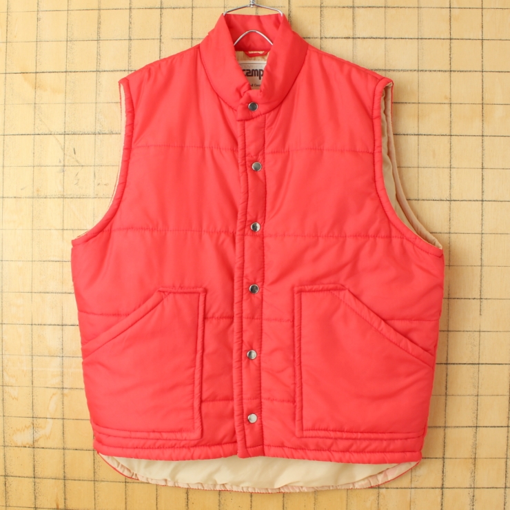 80s USA campus ナイロン中綿ベスト メンズM レッド アウトドア キャンプ アメリカ古着