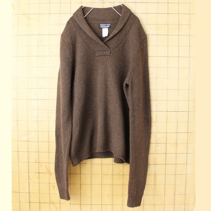 USA patagonia ラムウールニットショールカラーセーター ブラウン レディースL相当 アメリカ古着