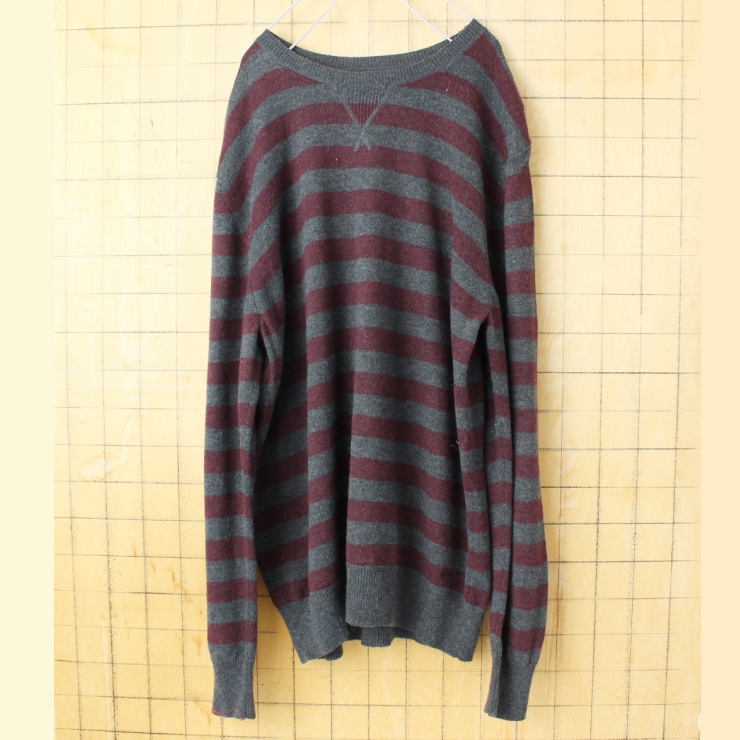 USA patagonia カシミヤウールニット クルーネックボーダーセーター グレー ボルドー メンズL アメリカ古着