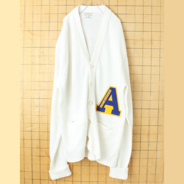 70s 80s USA製 Bristol レタードカーディガン ホワイト メンズXL相当 ワッペン アメリカ古着