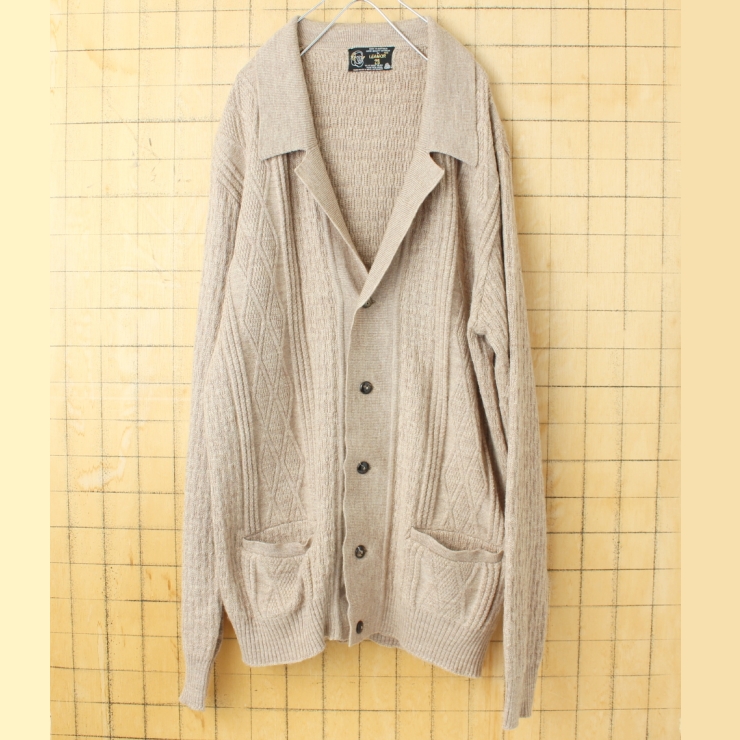 70s 80s オーストラリア製 LEAMOR 襟付きウールカーディガン ベージュ メンズM相当 古着