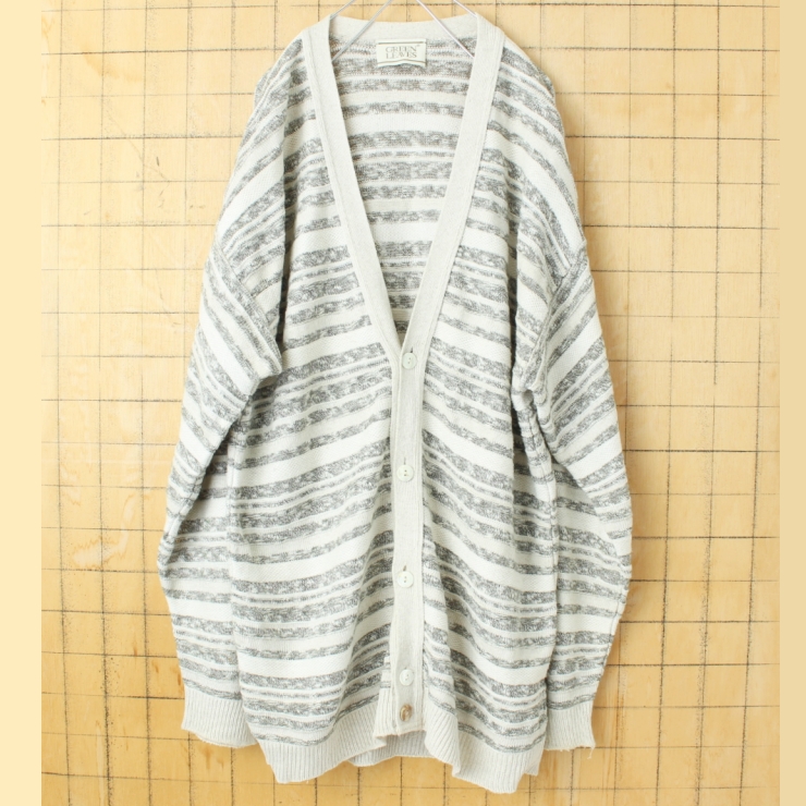 90s USA GREEN LEAVES 総柄ニットカーディガン オフホワイト メンズML相当 アメリカ古着