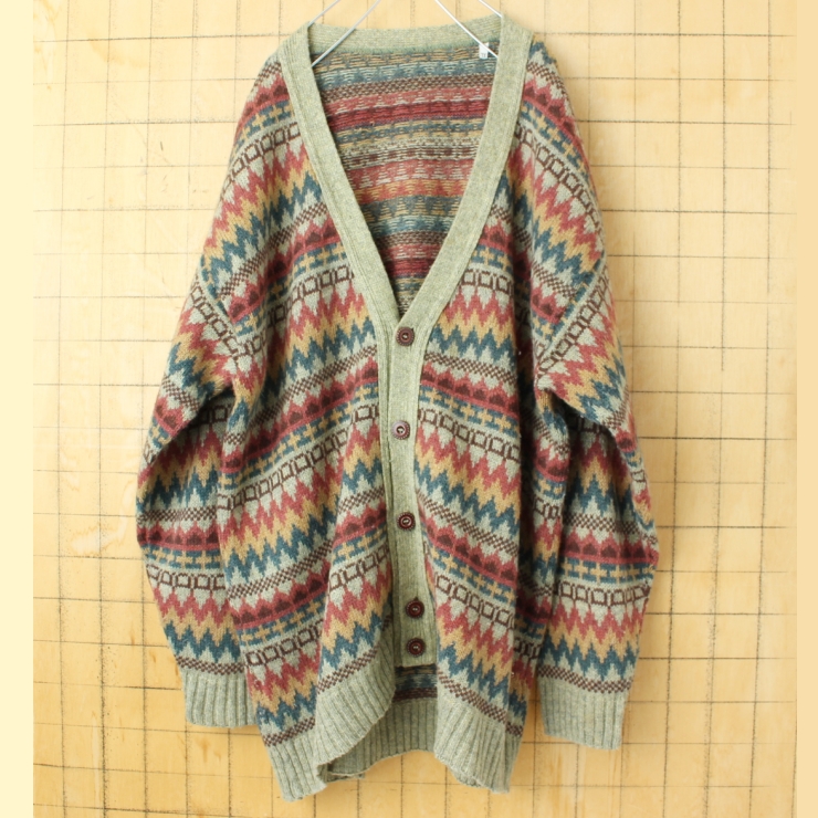 80s 90s USA 総柄ウールニットカーディガン ライトグリーン メンズXL アメリカ古着