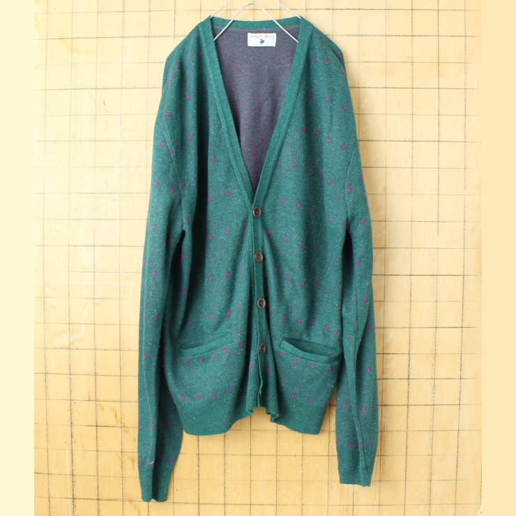 80s USA製 ROBERT BRUCE 総柄アクリルニットカーディガン グリーン レディースL アメリカ古着