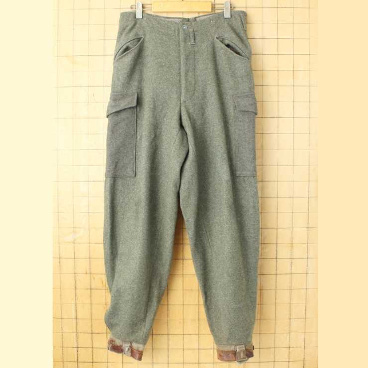40s スウェーデン軍 M39ウールカーゴパンツ W32相当 レザーベルト 実品 ミリタリー ヨーロッパ古着
