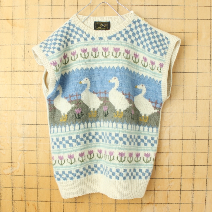 80s 90s ウルグアイ製 SOUTH WOOL ハンドメイド ウールニットベスト レディースM アヒル柄 オフホワイト アメリカ古着