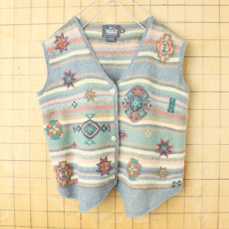 80s 90s USA Woolrich 総柄ウールニットベスト レディースM ブルー アメリカ古着