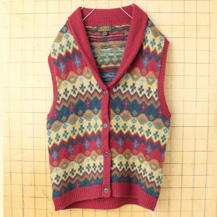 90s USA Eddie Bauer エディーバウアー 総柄ショールカラー ウールニット前開きベスト レディースL アメリカ古着