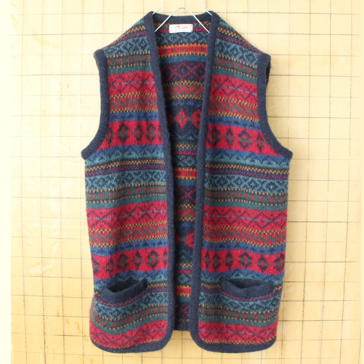 80s 90s EURO SAGA 総柄ウールニット前開きベスト レディースL相当 ヨーロッパ古着
