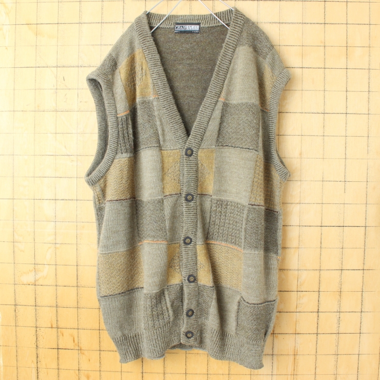 80s 90s FRANCE製 CHAIRMAN 総柄ウールニット前開きベスト メンズL ヨーロッパ古着