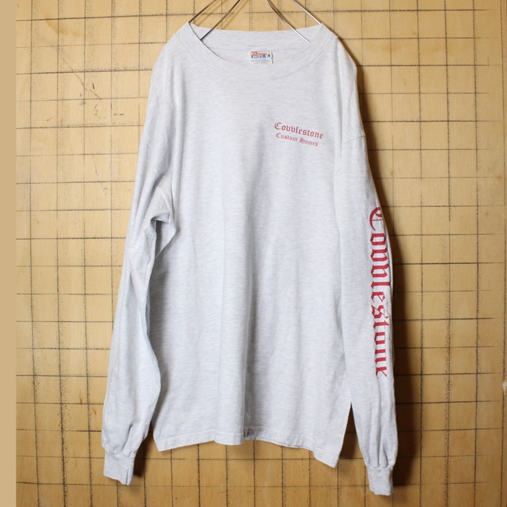 90s Hanes ヘインズ 袖プリント 長袖 Tシャツ ロンT グレー オートミール メンズL アメリカ古着