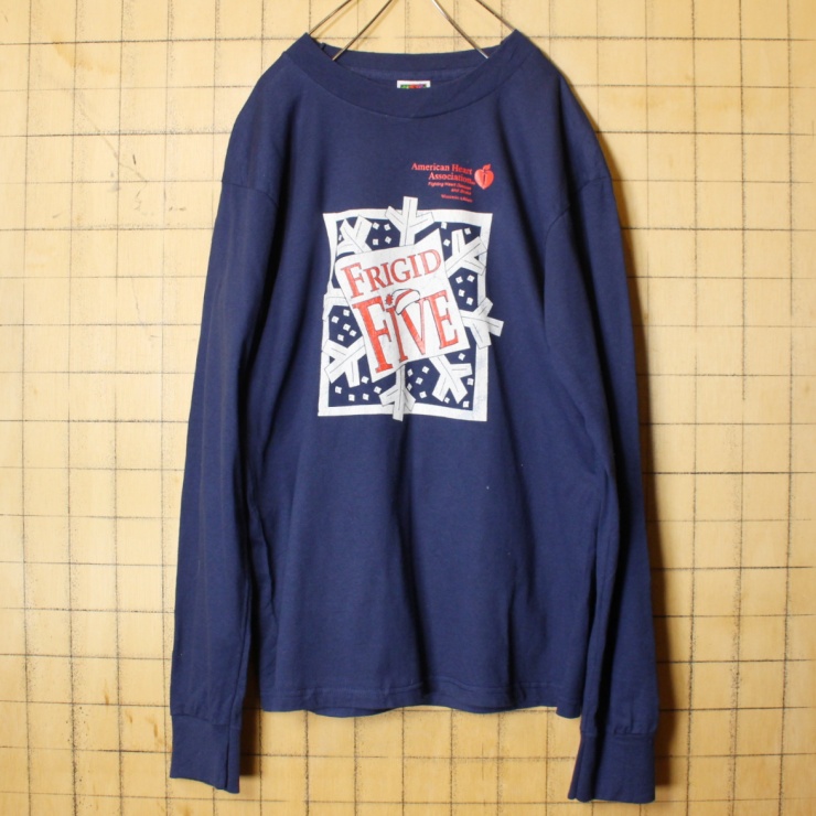 90s 00s USA FRUIT OF THE LOOM 両面プリント 長袖 Tシャツ ロンT ネイビー ブルー メンズM アメリカ古着