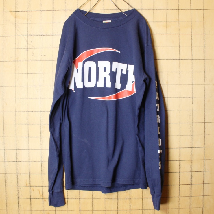 90s 00s USA FRUIT OF THE LOOM NORTH 袖プリント 長袖 Tシャツ ロンT ネイビー ブルー メンズM アメリカ古着