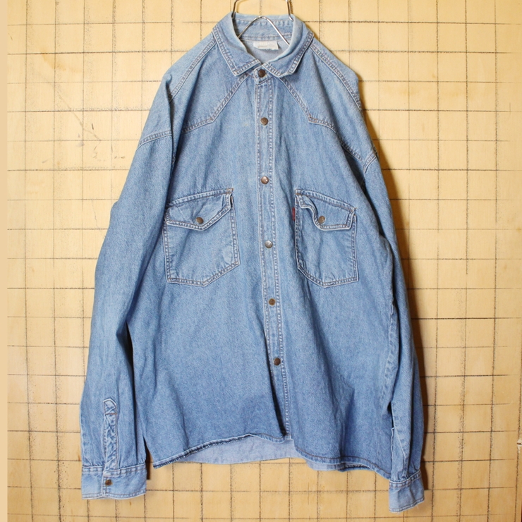 80s 90s EURO デニム ウエスタン シャツ ブルー 青 メンズML相当 長袖 ヨーロッパ古着