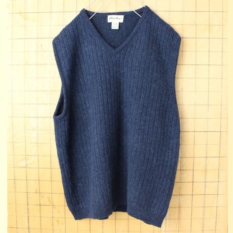 90s 00s USA Eddie Bauer エディバウアー ウールニットベスト メンズL ネイビー アメリカ古着