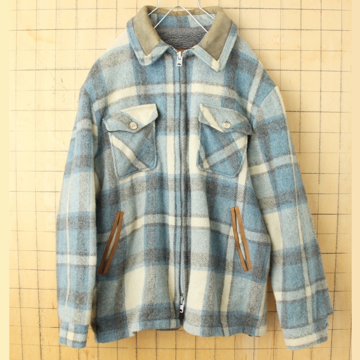 70s 80s USA製 Woolrich ウールリッチ チェック ウール ジャケット ボアライナー メンズL相当 ライトブルー スウェードレザー アメリカ古着