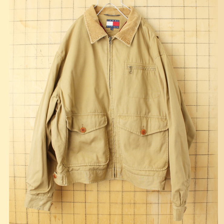 90s USA TOMMY HILFIGER トミーヒルフィガー カバーオール ハンティング ジャケット メンズL ベージュ アウトドア アメリカ古着