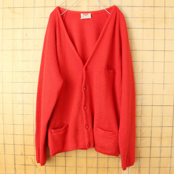 60s 70s USA FIRM KNIT Giner Outerwear ウール ニット カーディガン レッド メンズML相当 アメリカ古着