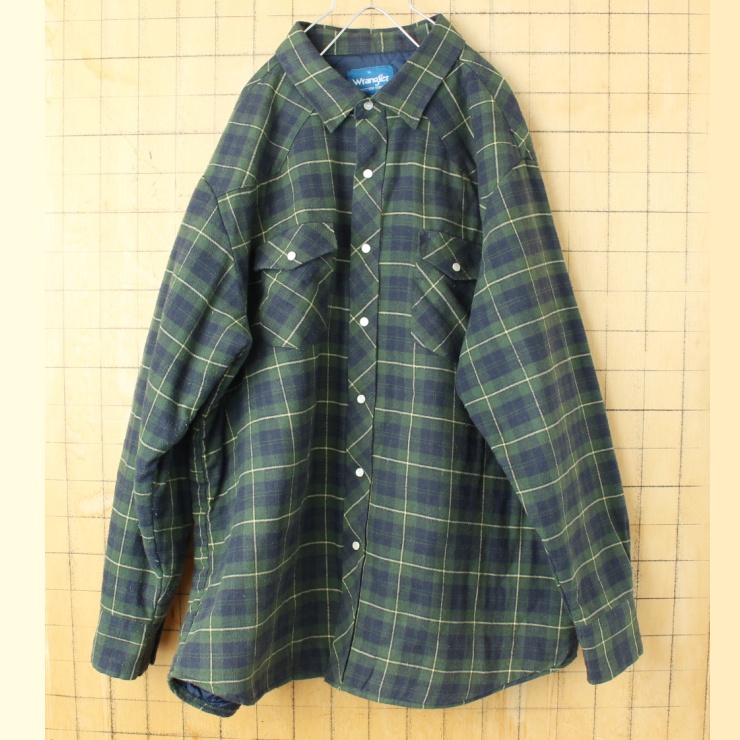 80s 90s USA Wrangler ラングラー キルティングライナー チェック ウエスタン シャツ グリーン メンズXL 長袖 中綿 アメリカ古着