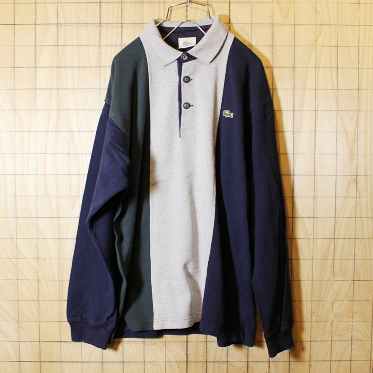 古着 フランス企画 フレンチラコステ Lacoste ワンポイント ラガーシャツ ラグビー 長袖 ネイビー グレー ダークグリーン メンズS