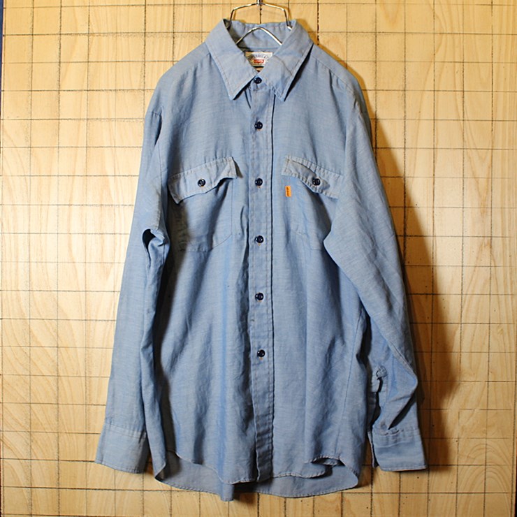 USA製 Levis 70s 古着 シャンブレー ワーク 長袖 シャツ ブルー メンズL リーバイス ss72