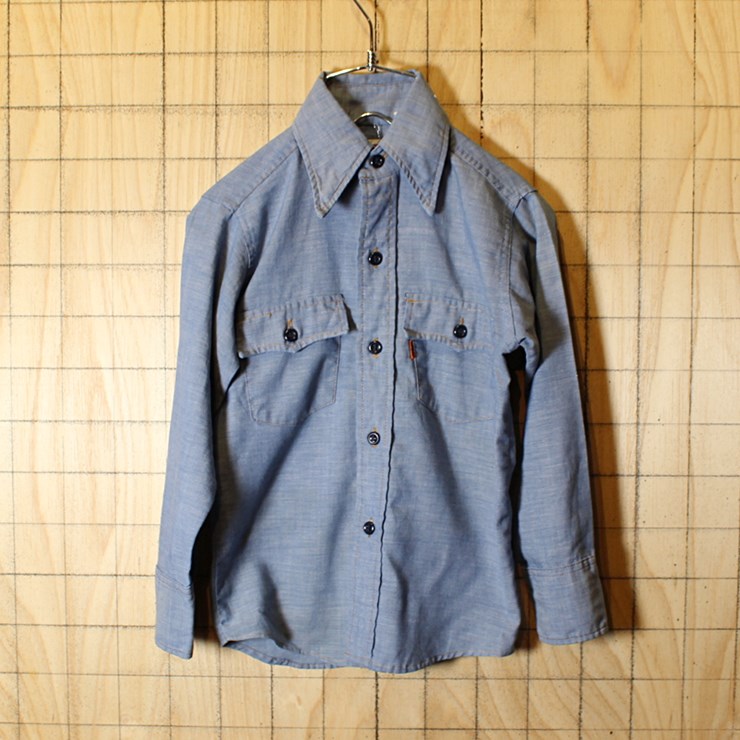 USA製 Levis 70s 古着 刺繍 シャンブレー ワーク 長袖 シャツ ブルー キッズ120cm相当 リーバイス 子供服 ss73