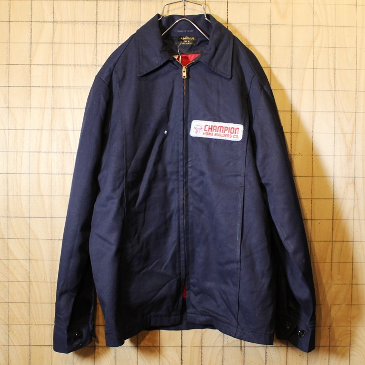 70s USA製 古着 CHAMPION HOMES ワークジャケット チェーンステッチ ネイビー ワッペン メンズM相当 Unitog