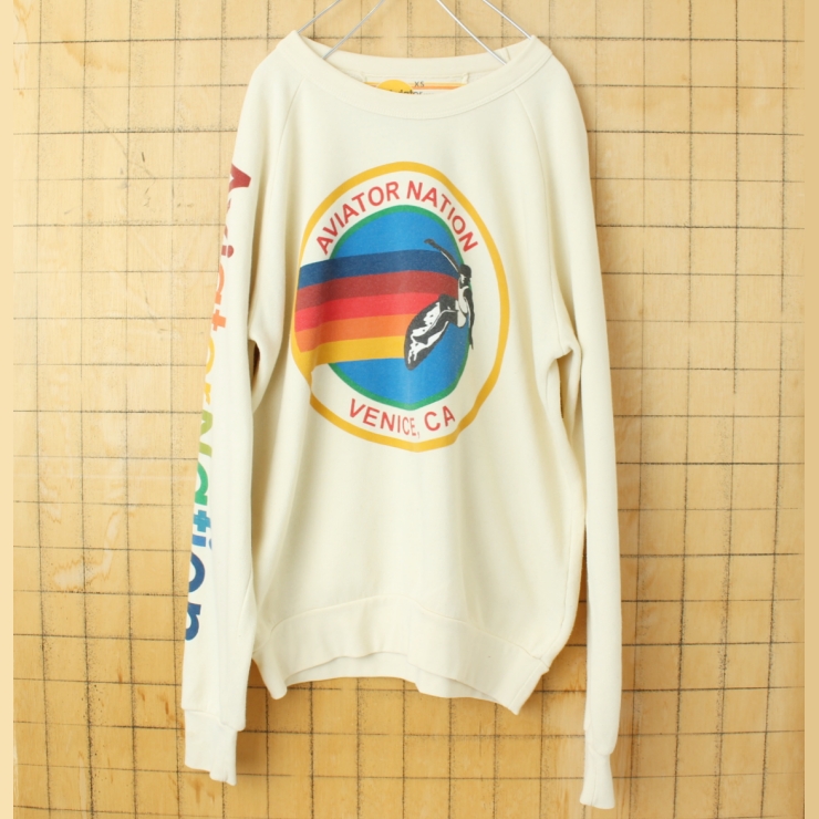 USA製 Aviator NATION プリントスウェット アイボリー メンズXS アメリカ古着