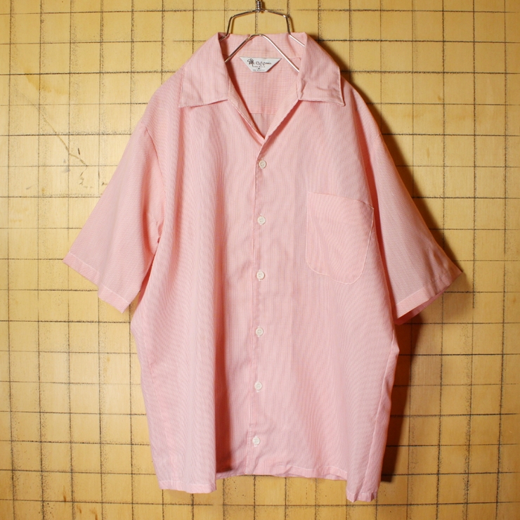60s USA製 Mr.California ギンガムチェック オープンカラー 半袖 ボックスシャツ ピンク メンズM 開襟 ビンテージ アメリカ古着