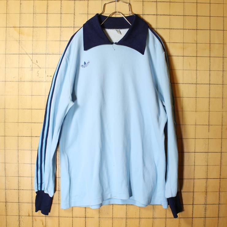 70s フランス製 adidas アディダス VENTEX サッカーシャツ ライトブルー メンズSM相当 ワンポイント ロンT ジャージ ヨーロッパ古着