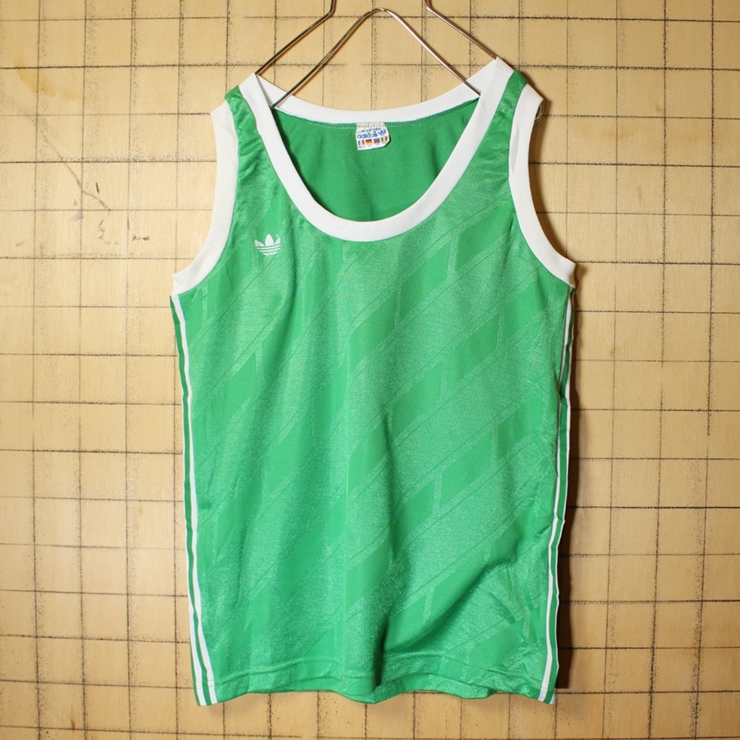 70s フランス adidas アディダス VENTEX タンクトップ グリーン メンズSM相当 レディースML相当 ワンポイント ヨーロッパ古着