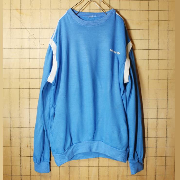 70s EURO adidas アディダス VENTEX スウェット ライトブルー メンズXL相当 ワンポイント チュニジア製 ヨーロッパ古着