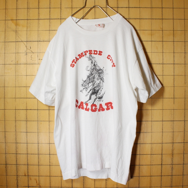 CANADA製 STAMPEDE CITY CALGARY プリント 半袖 Tシャツ ホワイト メンズM ロデオ カウボーイ 古着