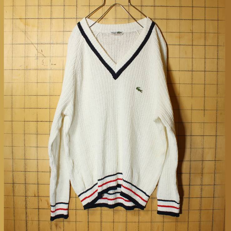 70s フランス製 フレンチ ラコステ LACOSTE コットン ニット セーター Vネック ホワイト メンズL相当 ヨーロッパ古着