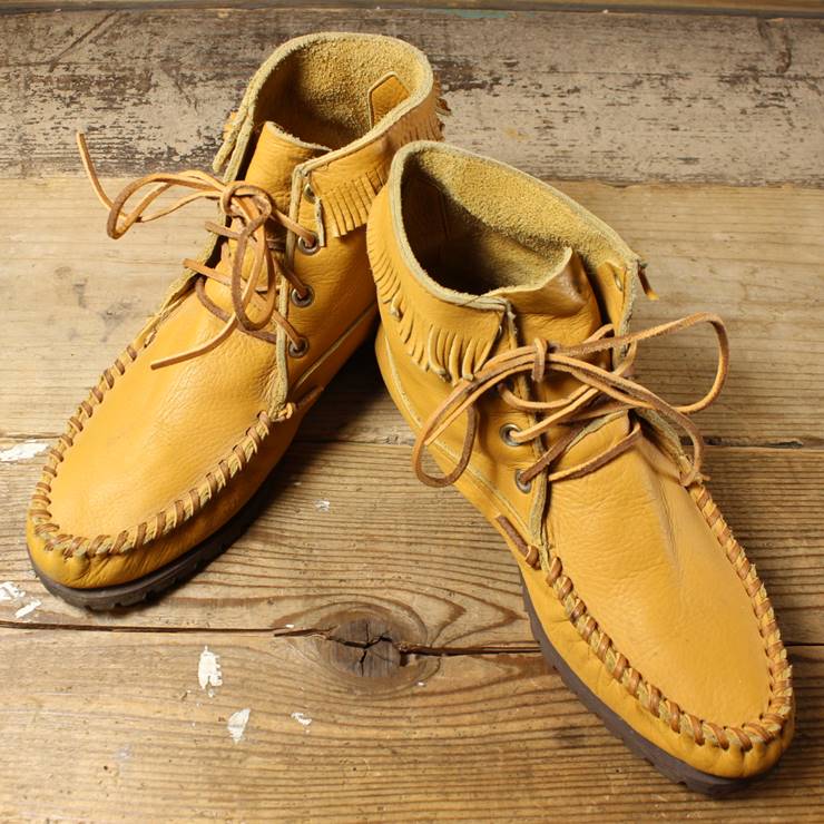 1970s USA フリンジ モカシン ブーツ イエロー Vibram Depose Montagna Bloc 26cm-26.5cm相当 古着