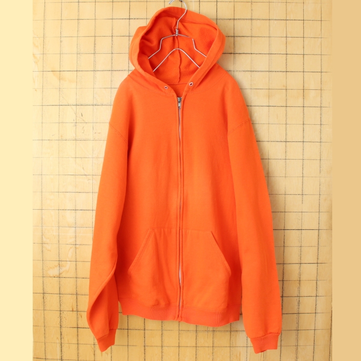 USA JERZEES ジップアップスウェットパーカー オレンジ メンズS フーディー 無地 アメリカ古着