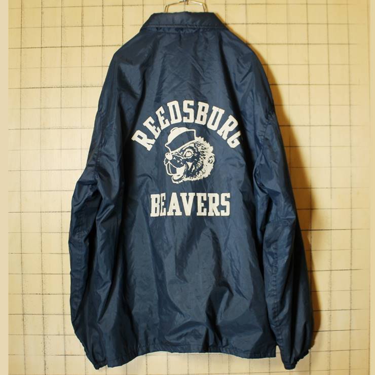 USA製 Pla-Jac REEDSBURG BEAVERS ナイロン コーチジャケット ネイビー メンズL プリント 古着