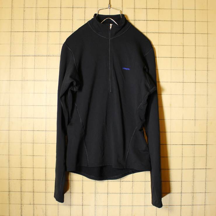 USA製 patagonia パタゴニア ハーフジップ ロンT 長袖Tシャツ レディースS ブラック 古着 アンダーシャツ