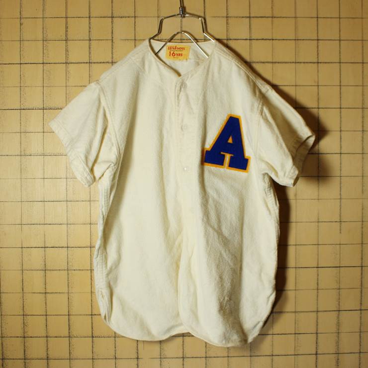 USA Wilson 50s-60s 古着 半袖 ベースボールシャツ オフホワイト メンズS相当 レタードワッペン ウィルソン